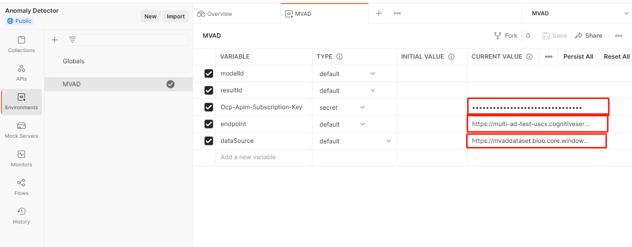 Screenshot of Postman UI with key, endpoint, and datasource filled in.