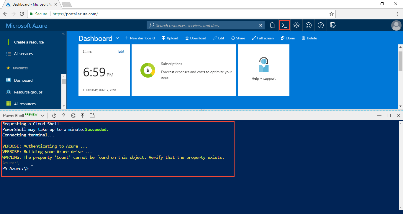 Screenshot of Azure portal with PowerShell window open