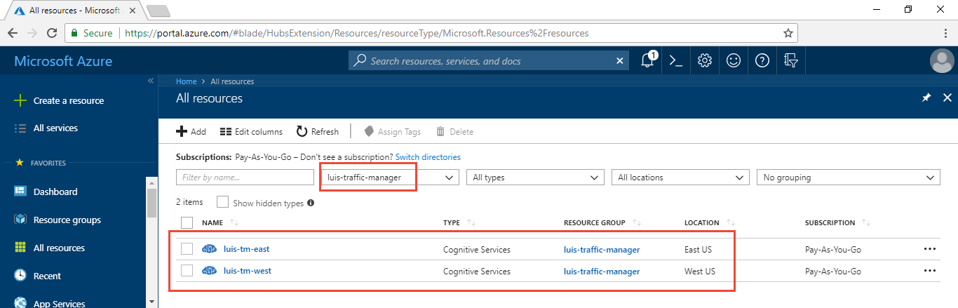 Screenshot of Azure portal with two LUIS keys in luis-traffic-manager resource group