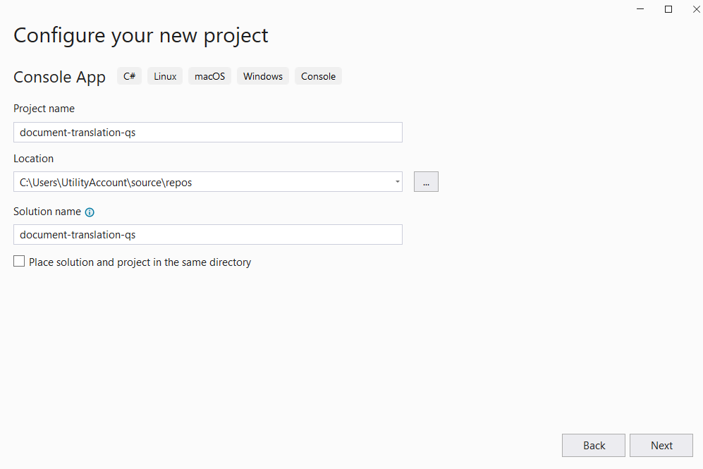 Screenshot of Visual Studio 2022 configure new project set-up window.