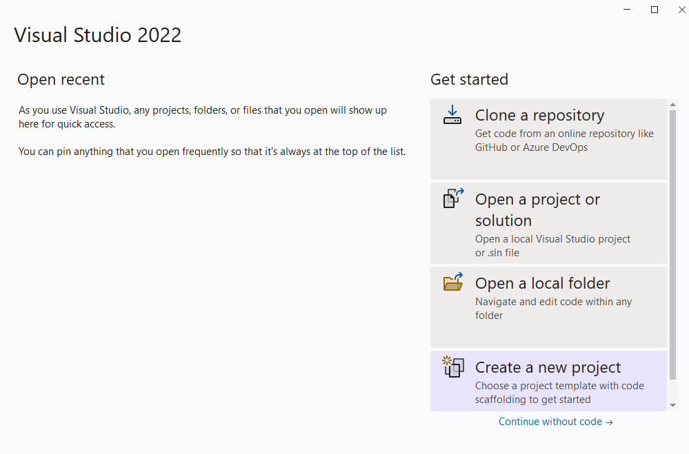 Screenshot of Visual Studio 2022 get started window.