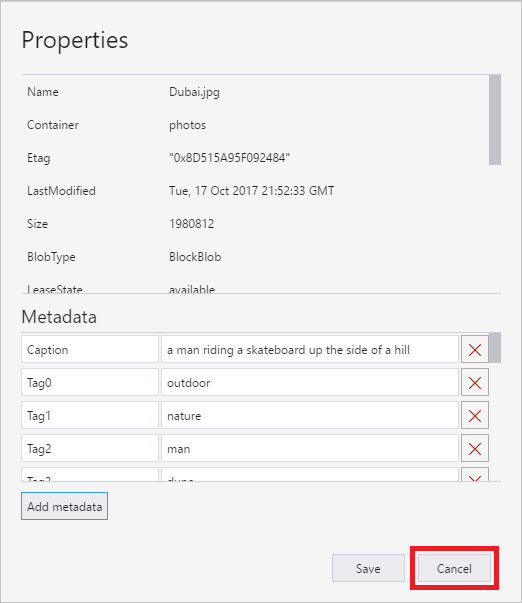 Image properties dialog window, with metadata tags listed