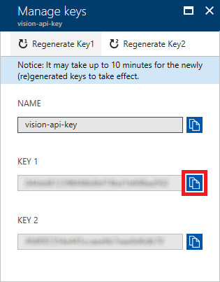 Manage keys dialog, with the copy button outlined