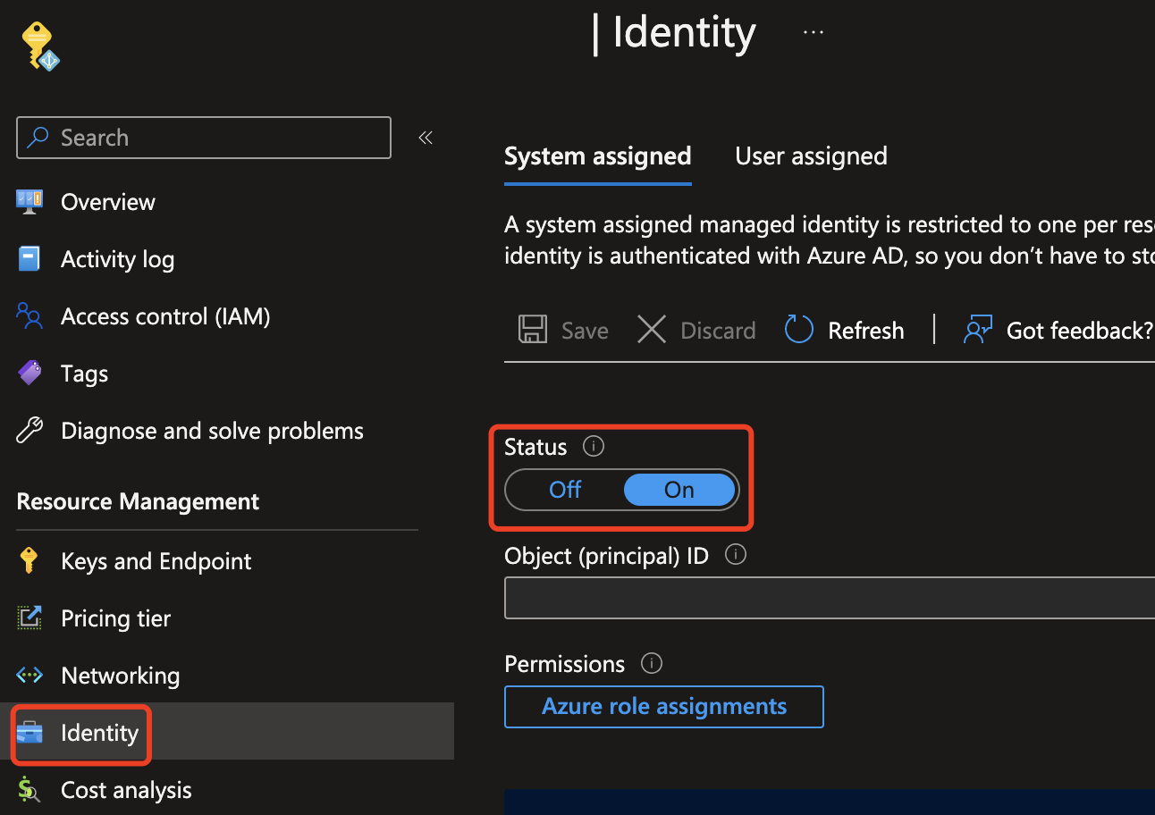 Screenshot of Azure portal enabling managed identity.