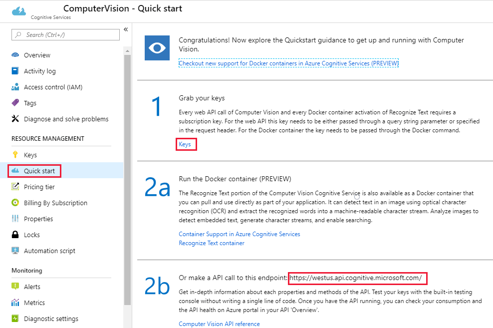 The Azure AI Vision service in the Azure portal, with the Quickstart menu selected. A link for keys is outlined, as is the API endpoint URL