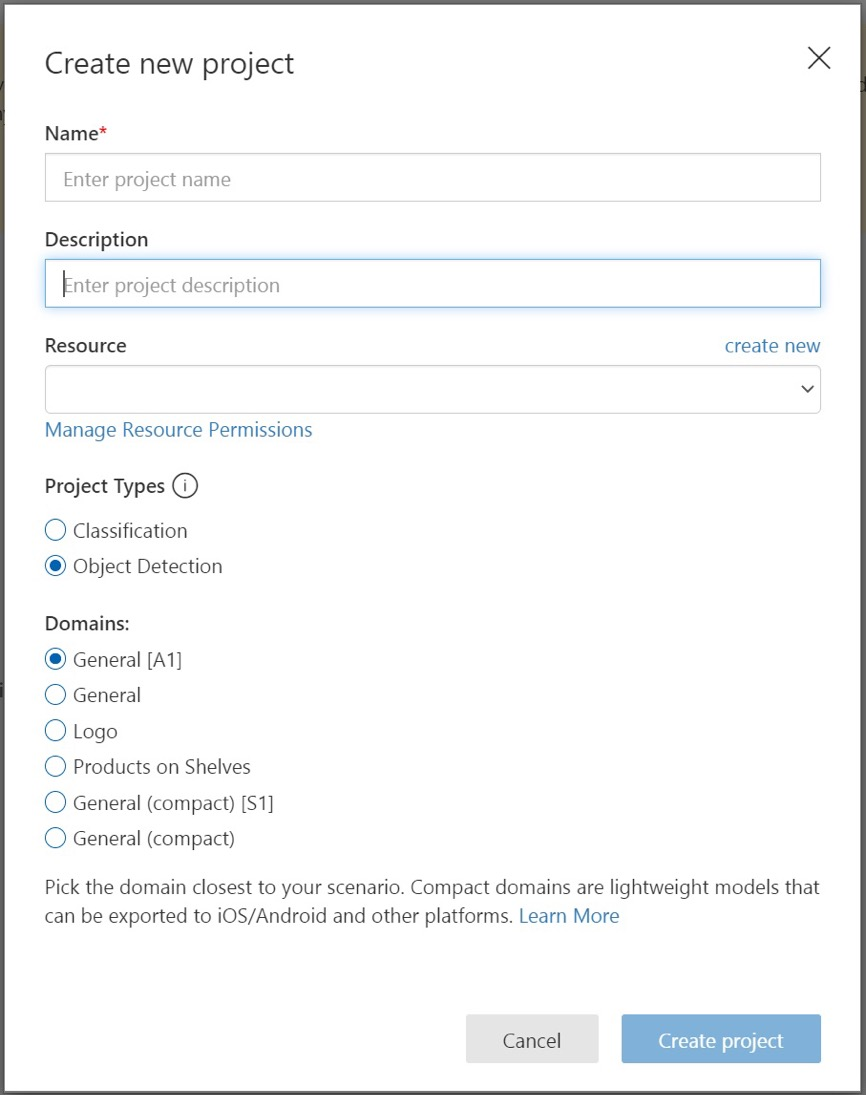 The new project dialog box has fields for name, description, and domains.