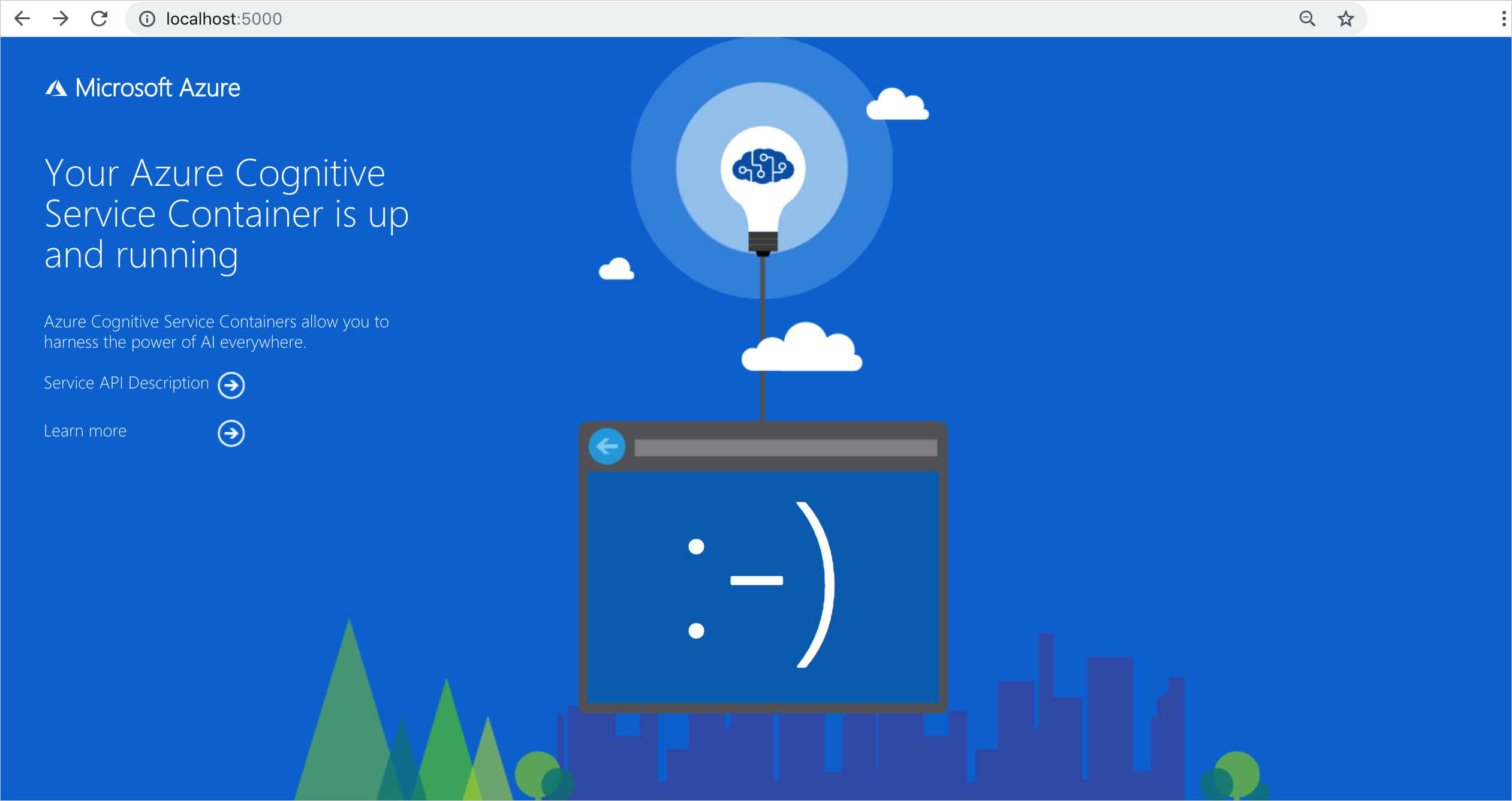 Screenshot of Azure containers welcome page.