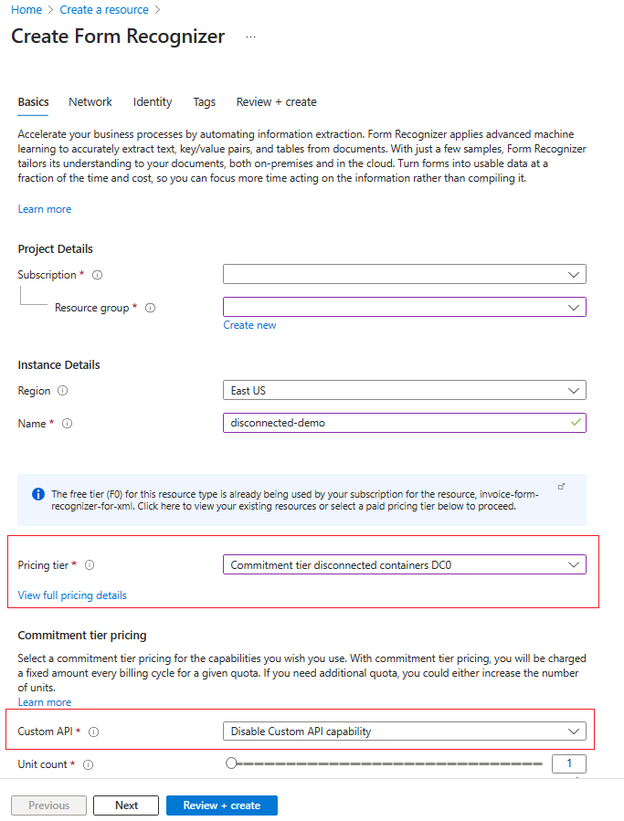 Screenshot of disconnected tier configuration in the Azure portal.