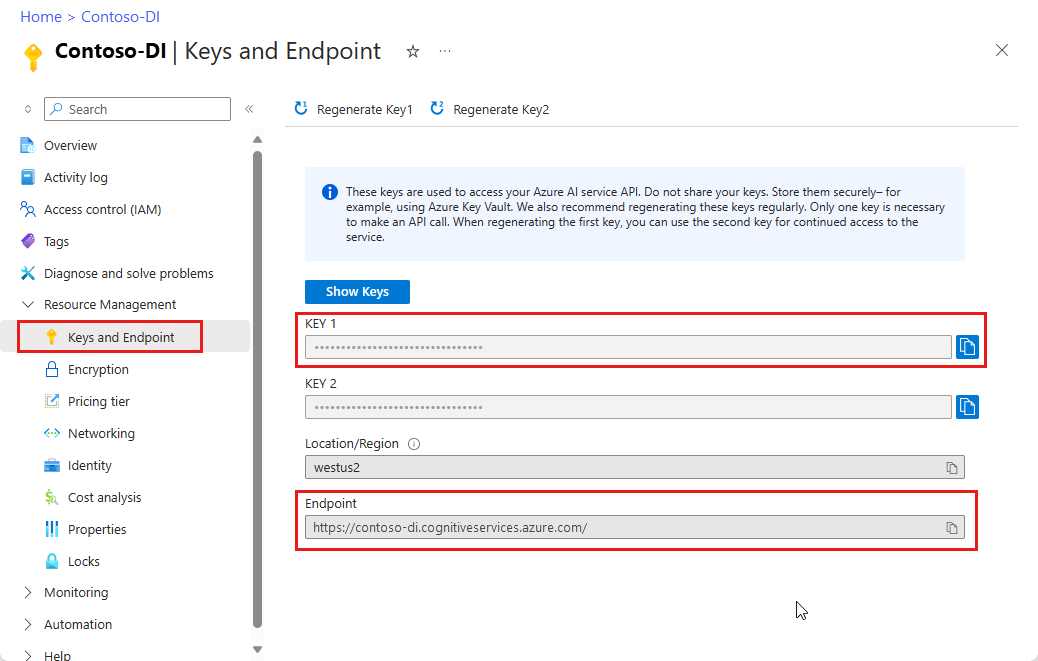 Screenshot of Azure portal keys and endpoint page.