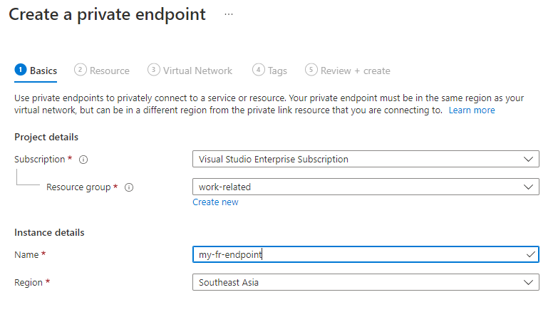 Screenshot showing how to set-up a private endpoint