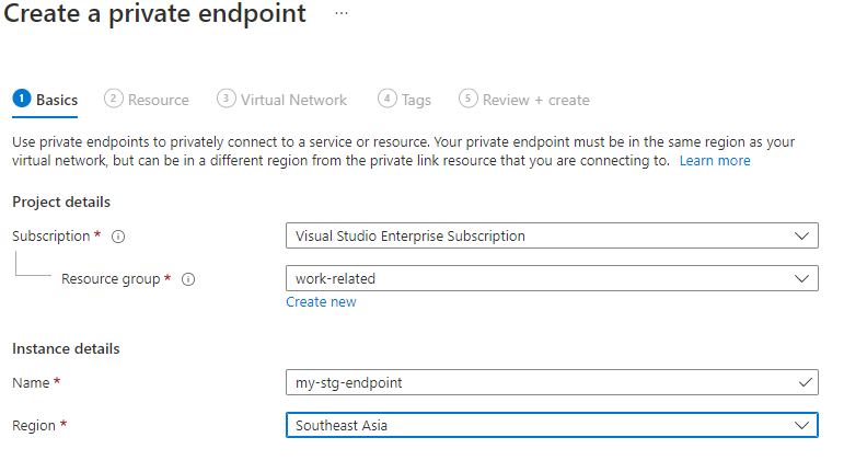 Screenshot showing how to create a private endpoint