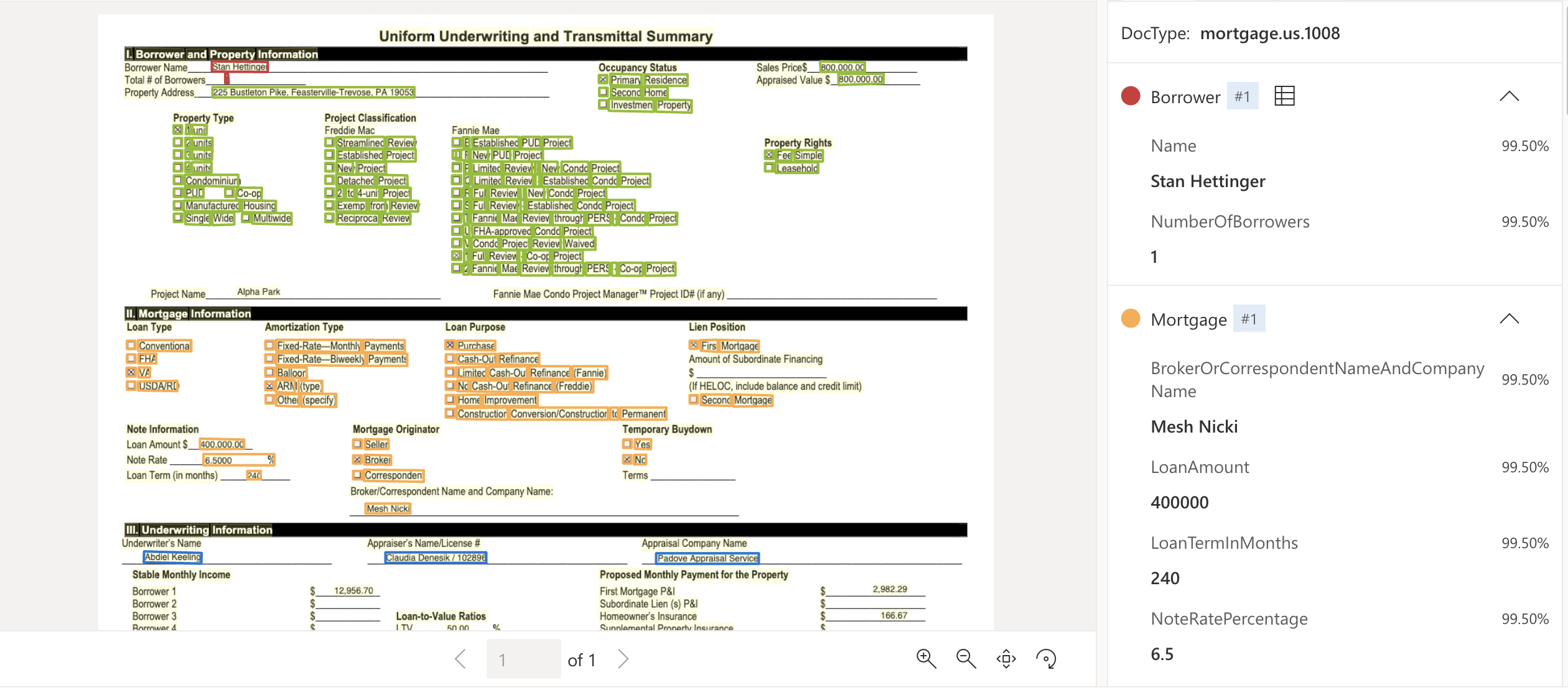 Screenshot that shows US Mortgage 1008 document model analysis by using Document Intelligence Studio.