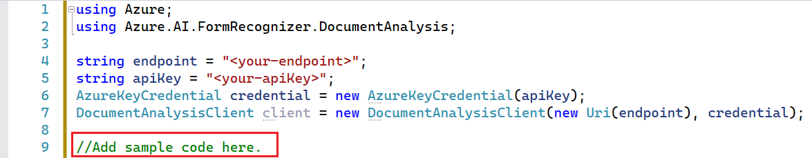 Screenshot of add the sample code to the Main method.