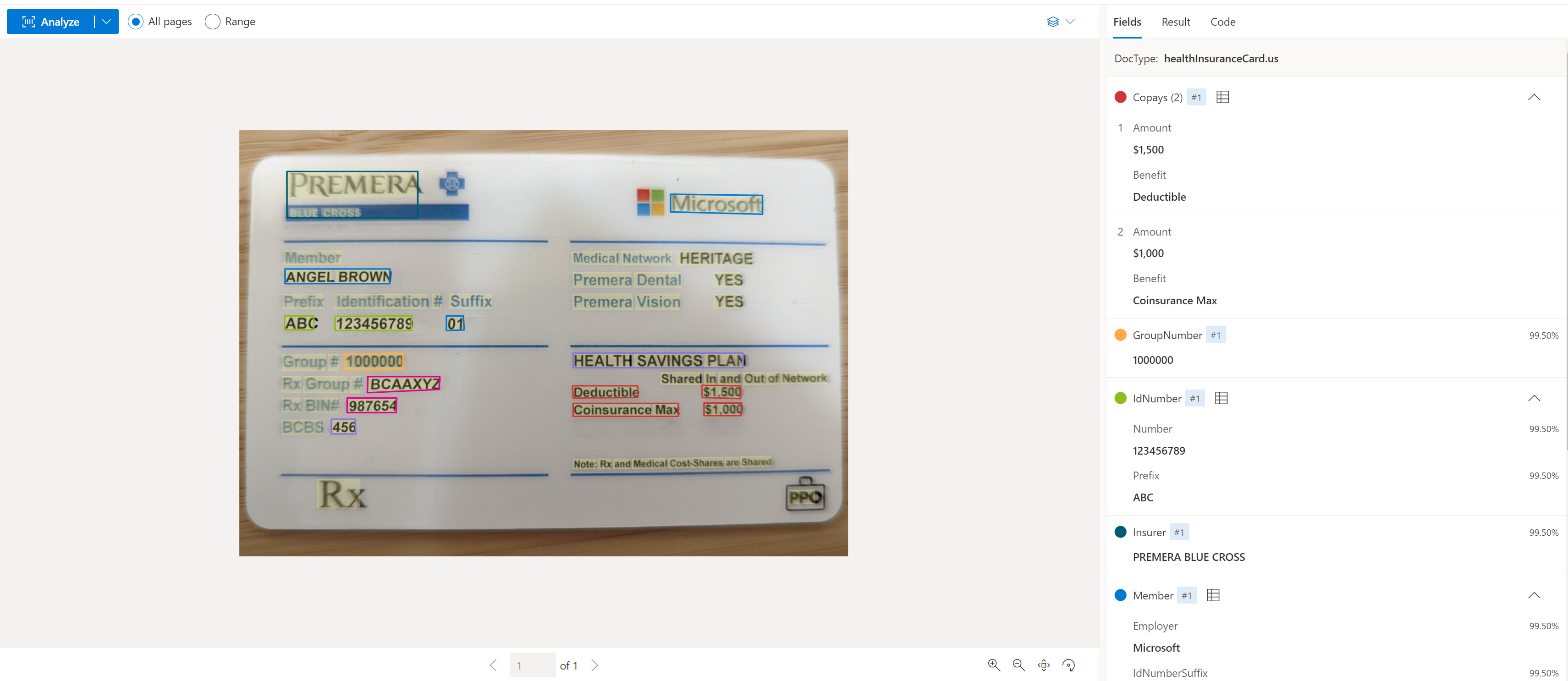Screenshot of a sample US health insurance card analysis in Document Intelligence Studio.