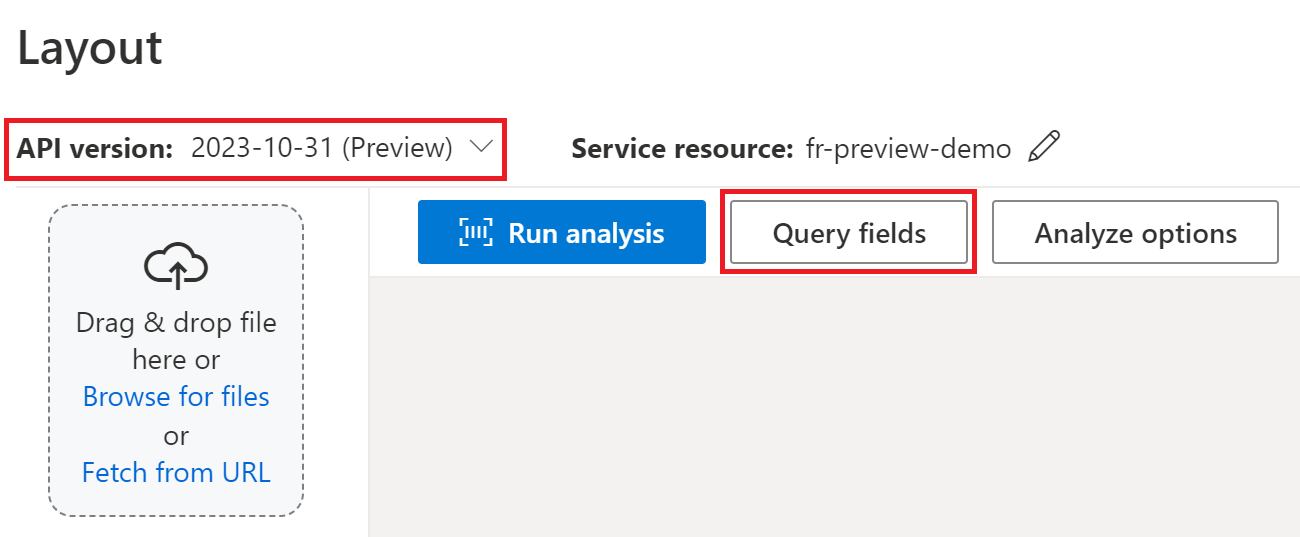 Screenshot of the query fields button in Document Intelligence Studio.