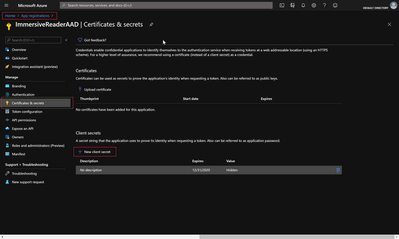 Screenshot of the Azure portal Certificates and Secrets pane.