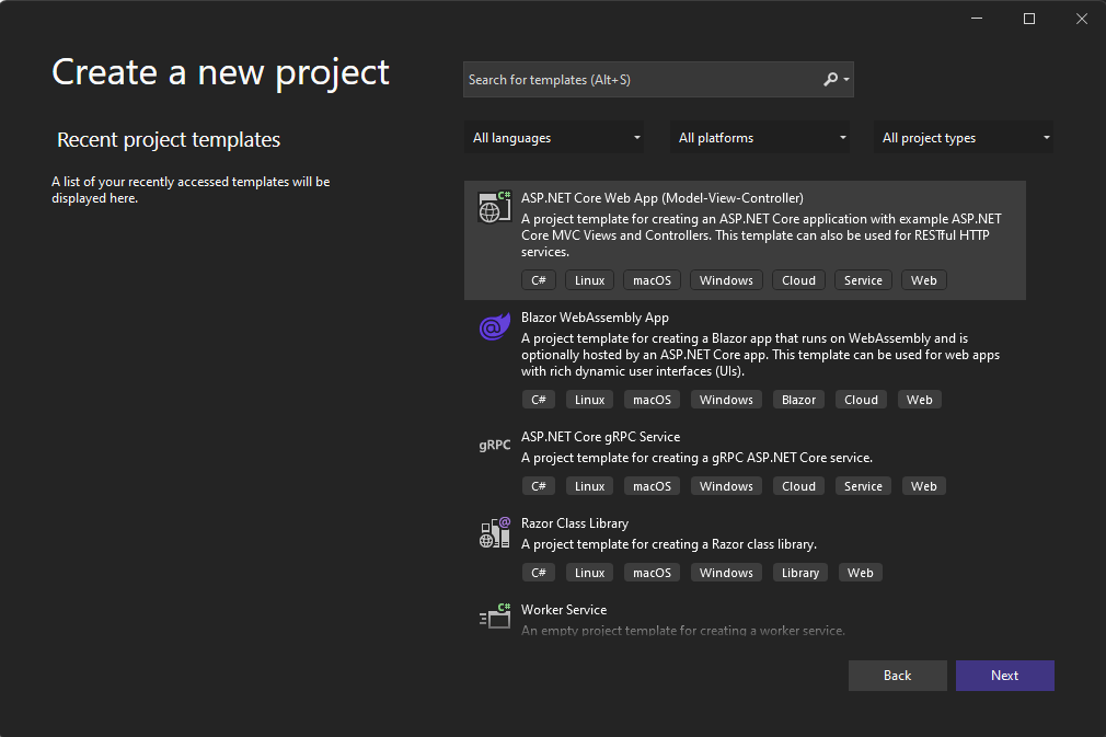 Screenshot of Visual Studio screen to create new project.