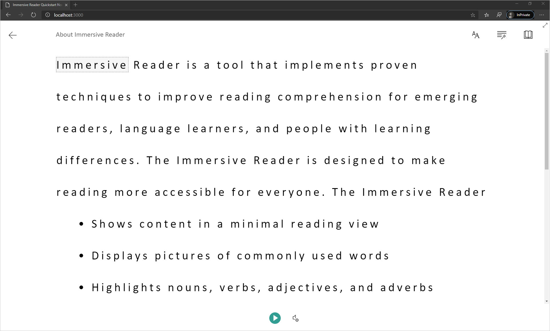 Screenshot of the Immersive Reader app.
