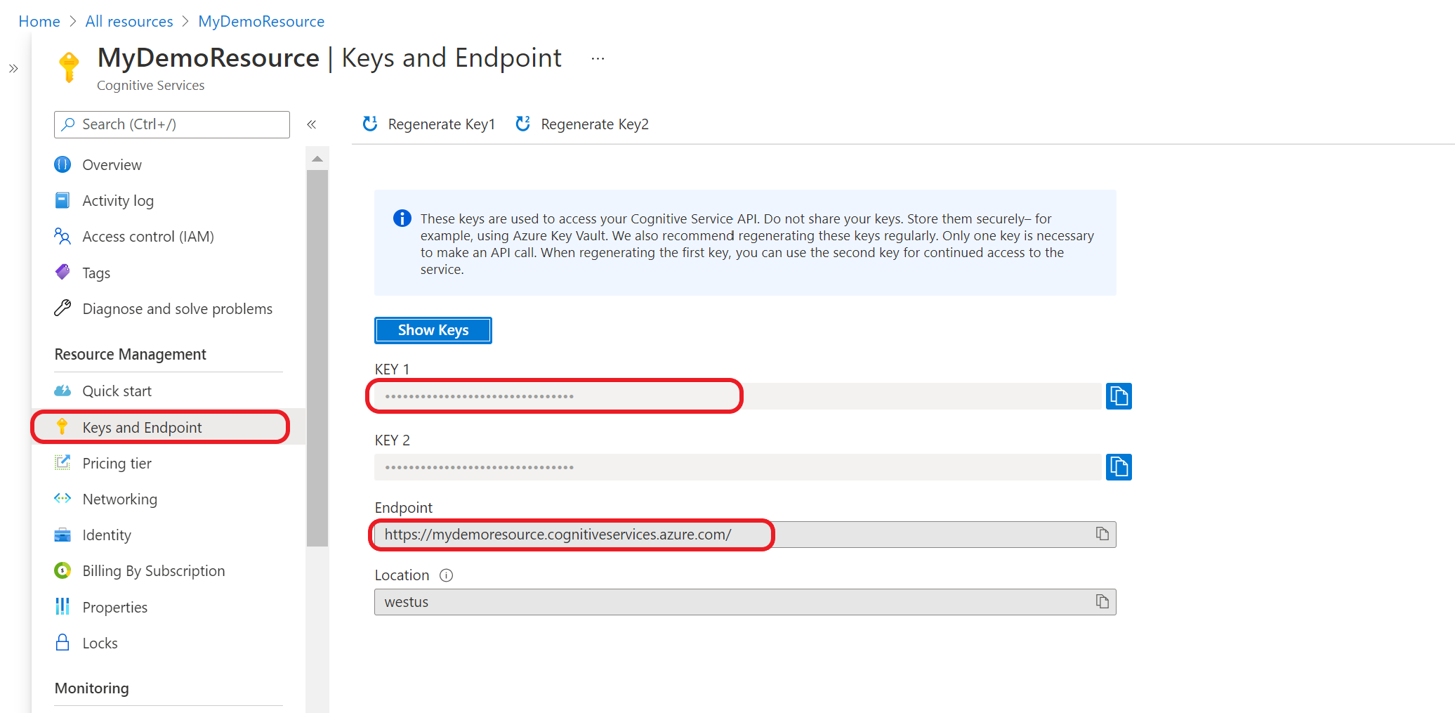 A screenshot showing a key and endpoint in the Azure portal.