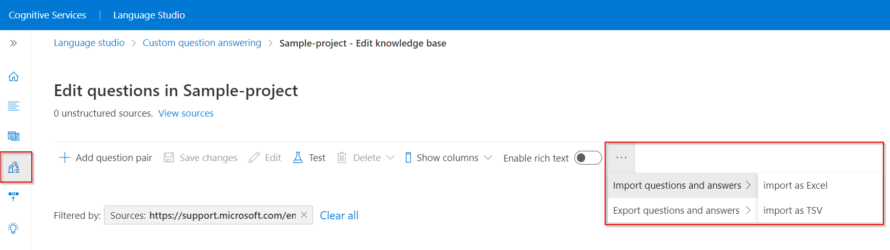 Screenshot of edit project menu bar with import as TSV option displayed.