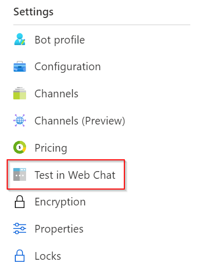 Screenshot of Azure AI Bot Service UI button that reads "Test web chat".