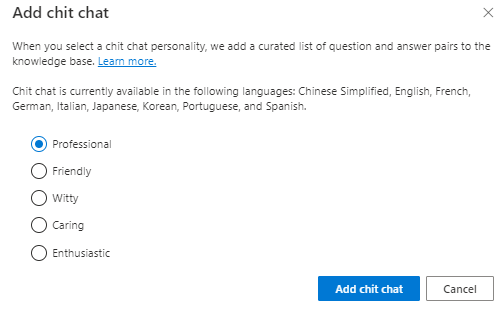 Adding chitchat to a custom question answering project - Azure AI services