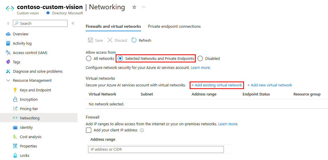 Screenshot shows the Networking page with Selected Networks and Private Endpoints selected and Add existing virtual network highlighted.