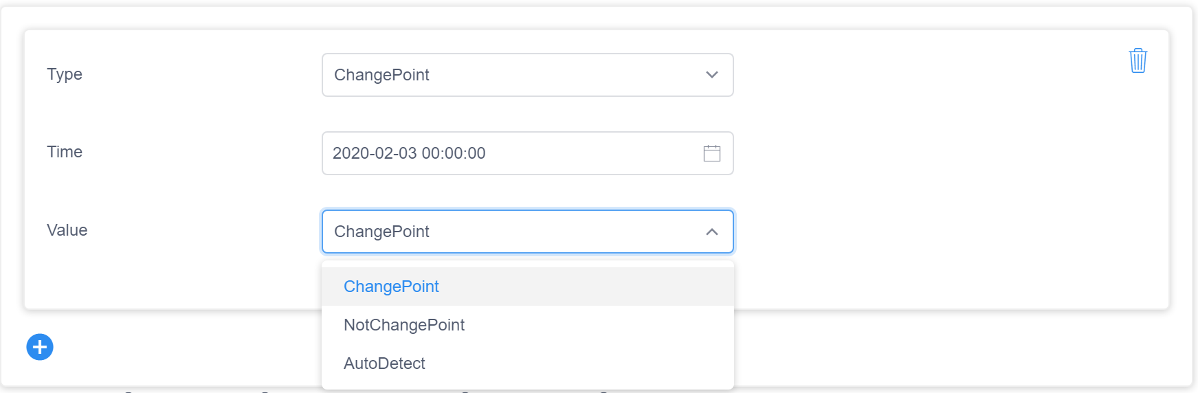 Change point menu with dropdown containing options for ChangePoint, NotChangePoint, and AutoDetect
