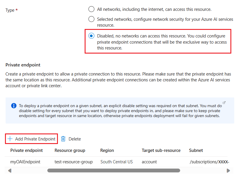 Screenshot that shows how to disable network security for an Azure OpenAI resource in the Azure portal.