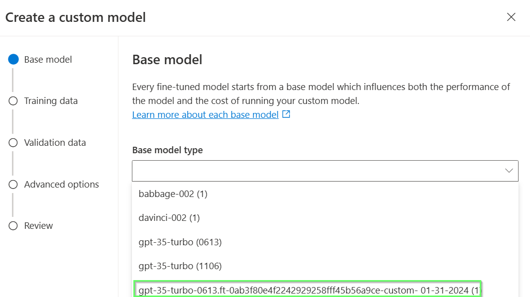 Screenshot of the Create a custom model UI with a fine-tuned model highlighted.