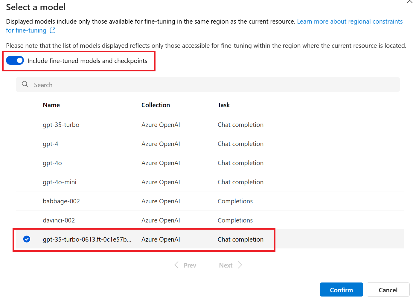 Screenshot of the Create a custom model UI with a fine-tuned model highlighted.