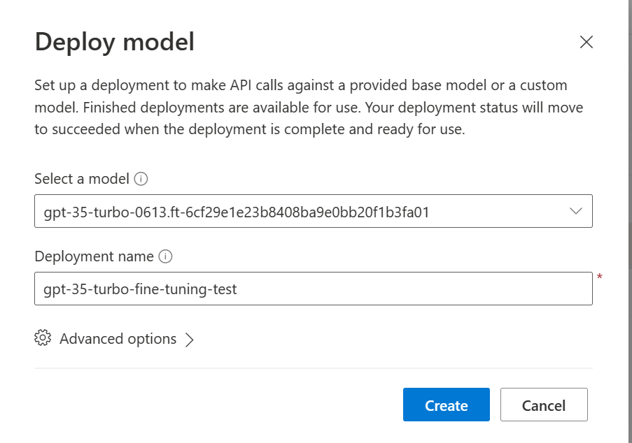 Screenshot of the Deploy Model dialog in Azure OpenAI Studio.