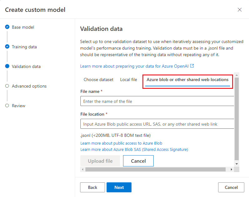 Screenshot of the Validation data pane for the Create custom model wizard, with Azure Blob and shared web location options.