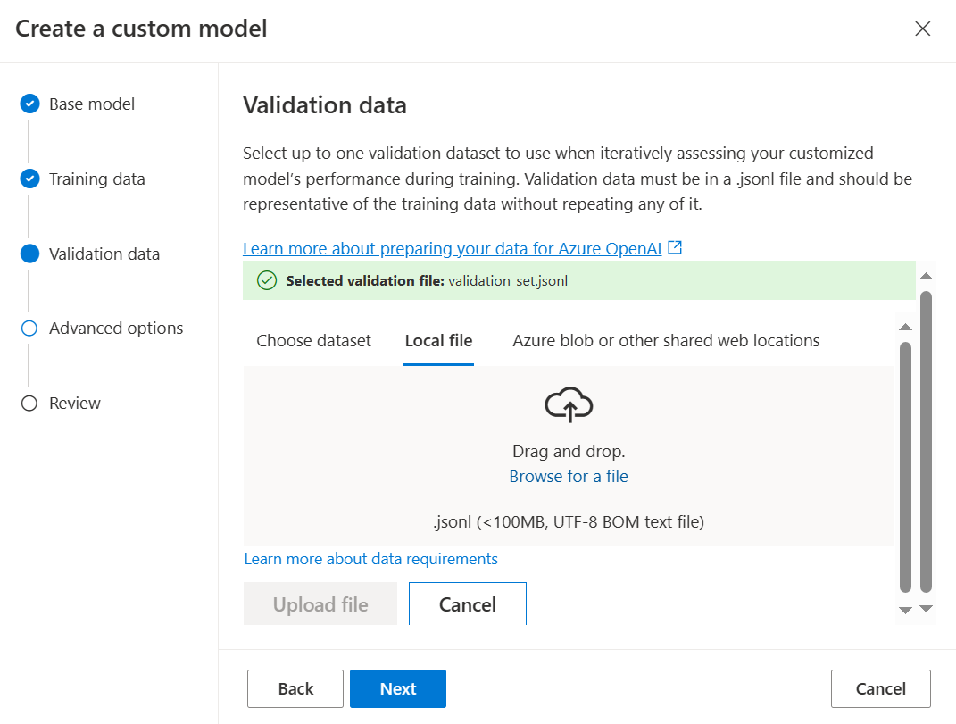 Screenshot of the Validation data pane for the Create custom model wizard, with local file options.