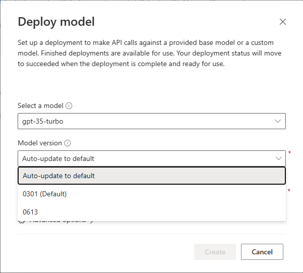 Screenshot of the deploy model UI of Azure OpenAI Studio.