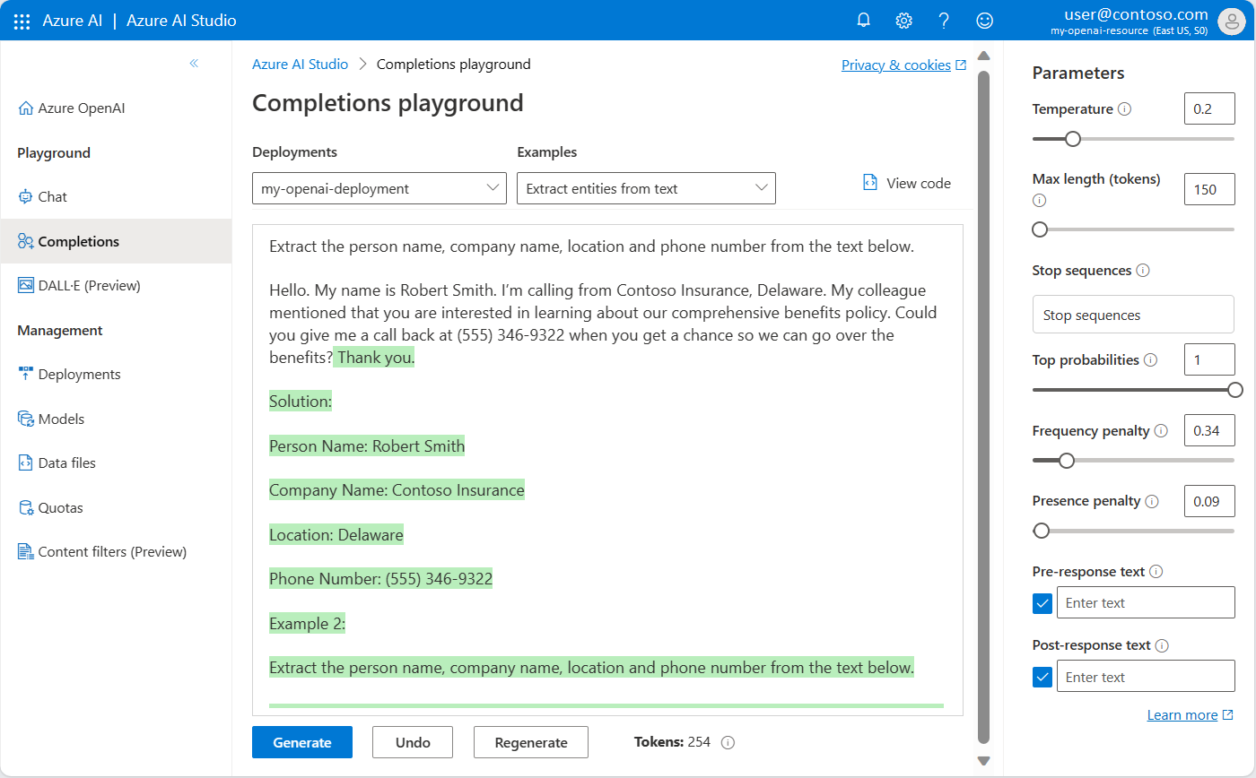 Screenshot that shows how to generate completions for an Azure OpenAI resource in the Azure OpenAI Studio playground.