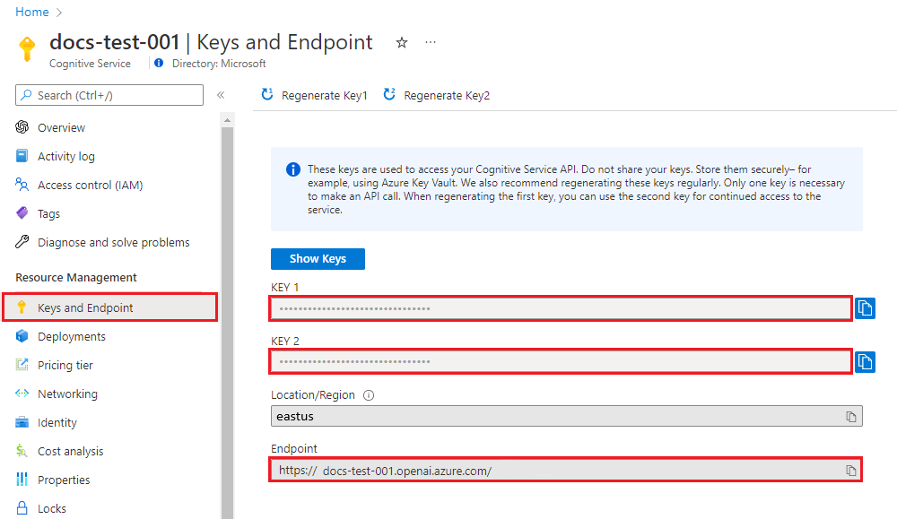 Screenshot of the overview UI for an OpenAI Resource in the Azure portal with the endpoint and access keys location circled in red.