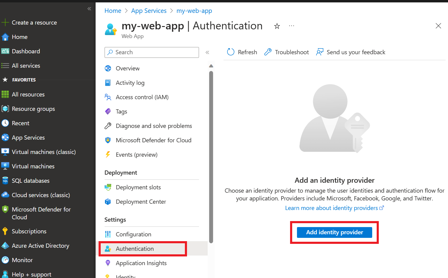 Screenshot of the authentication page in the Azure portal.