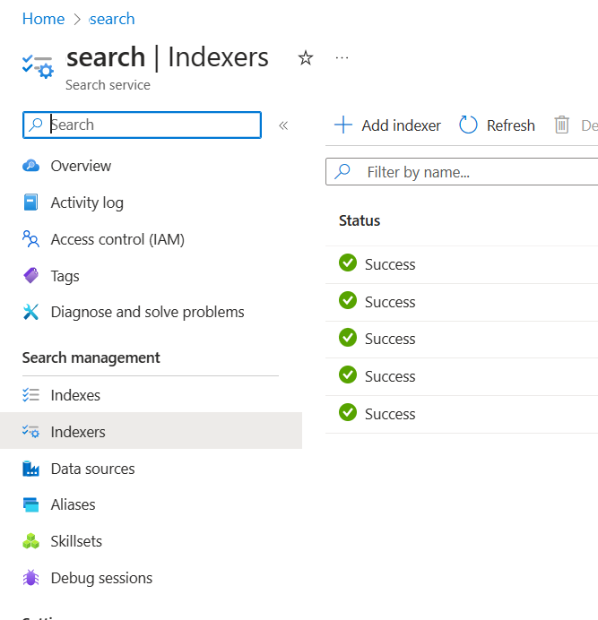 A screenshot of the indexers tab in the Azure portal.