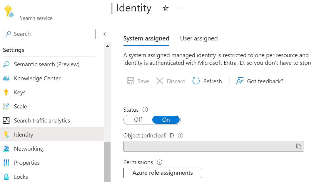 A screenshot showing the managed identity setting for Azure AI Search in the Azure portal.