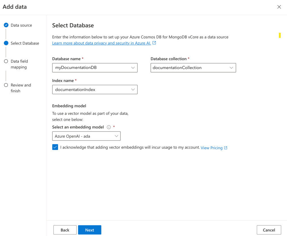 A screenshot showing the screen for adding Mongo DB settings in Azure OpenAI Studio.