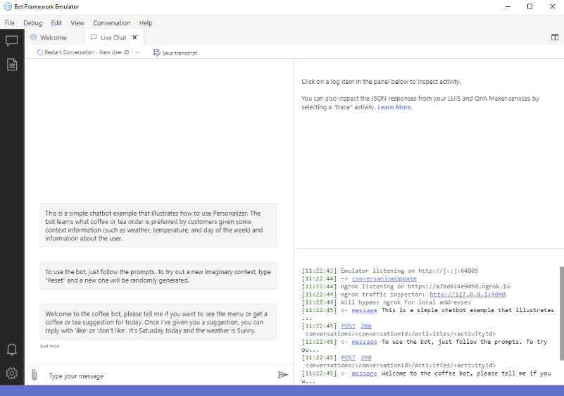 Screenshot of Bot Framework Emulator in first turn of conversation.