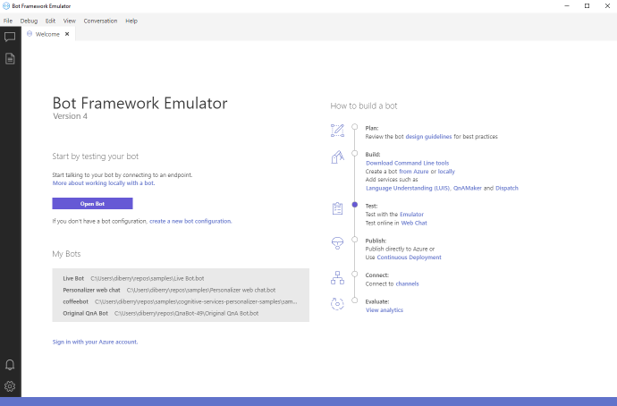 Screenshot of Bot Framework Emulator startup screen.