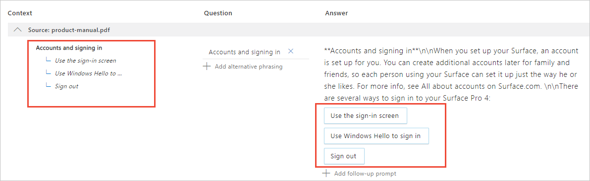 The "Accounts and signing in" answers and follow-up prompts
