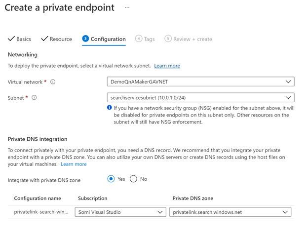 Screenshot of create private endpoint UI window with subnet field populated