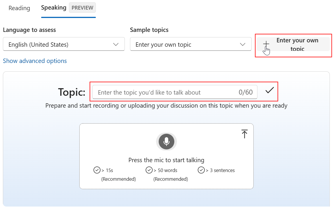 Screenshot of inputting a topic on speaking tab to assess your ability to speak on a given subject without a predefined script.
