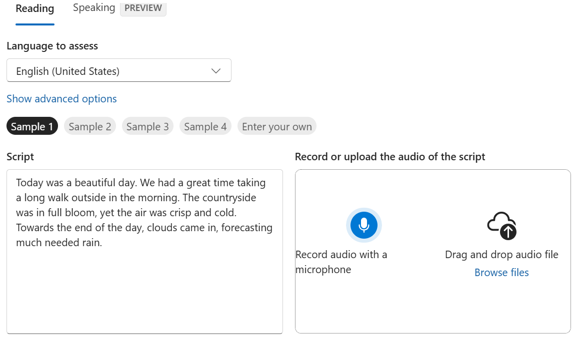 Screenshot of where to record audio with a microphone on reading tab.