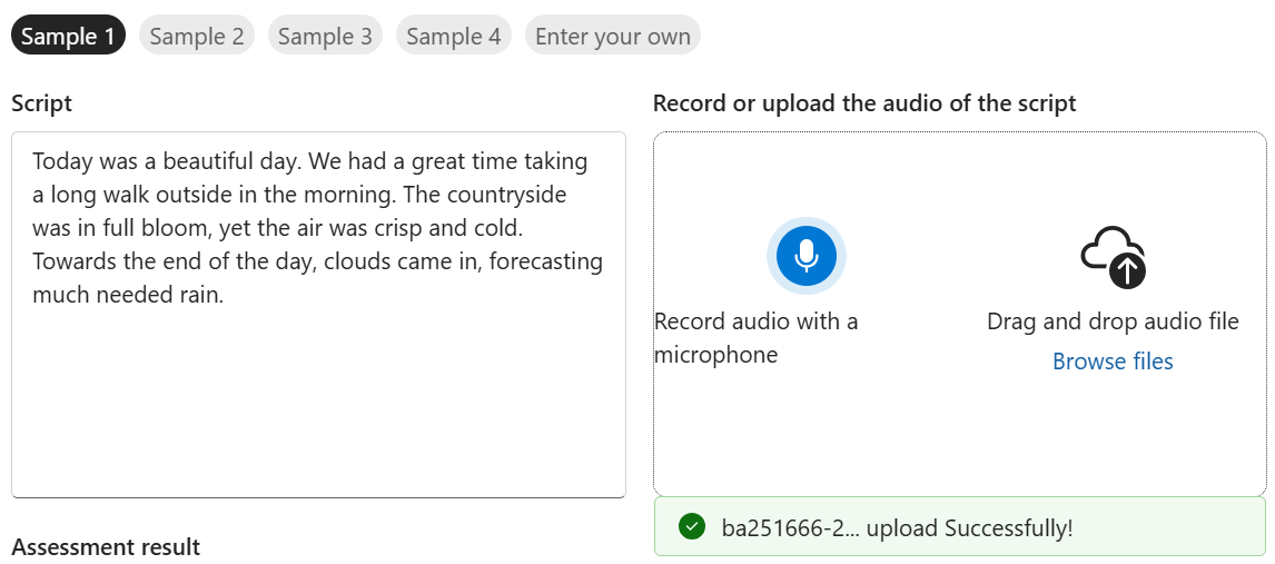 Screenshot of uploading recorded audio to be assessed.