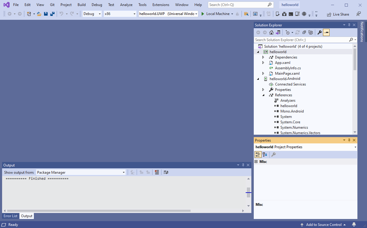 Screenshot that shows the helloworld project visible in Visual Studio.