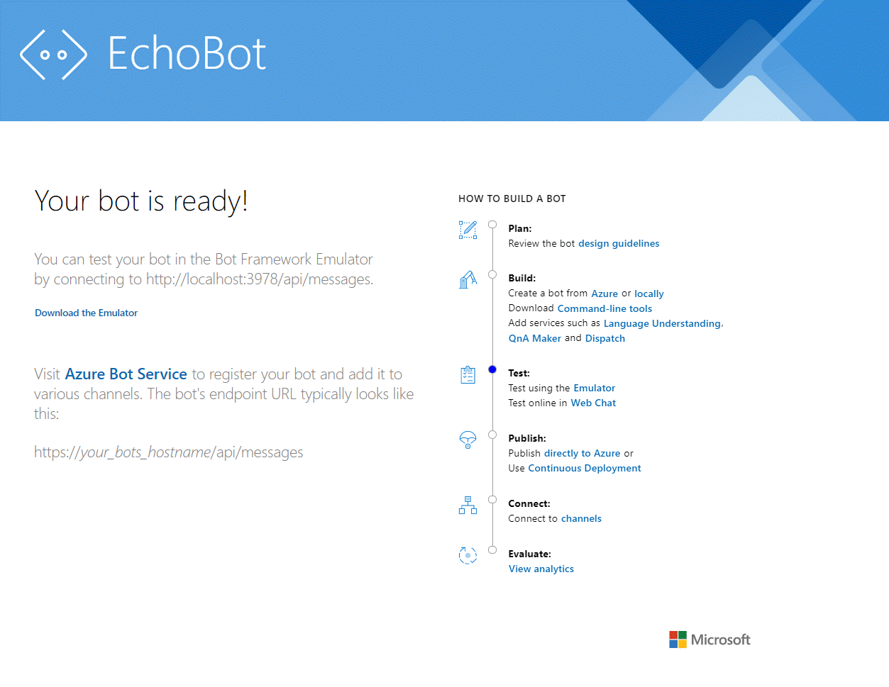 Screenshot that shows the EchoBot page with the message that your bot is ready.